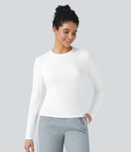 Ribbed Knit Round Neck Long Sleeve Casual Top — White — view 1