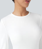 Ribbed Knit Round Neck Long Sleeve Casual Top — White — view 4