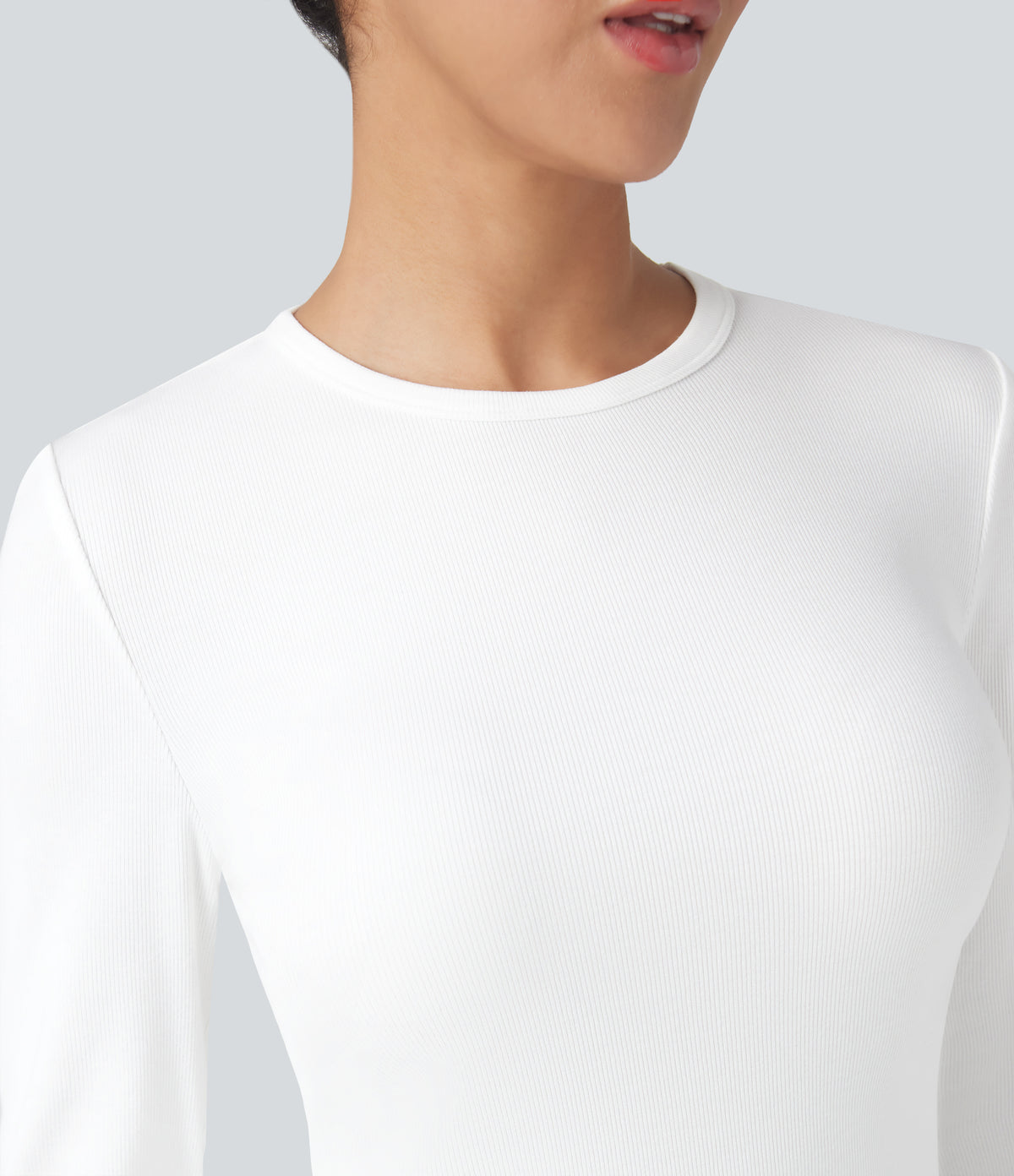 Ribbed Knit Round Neck Long Sleeve Casual Top — White — view 4
