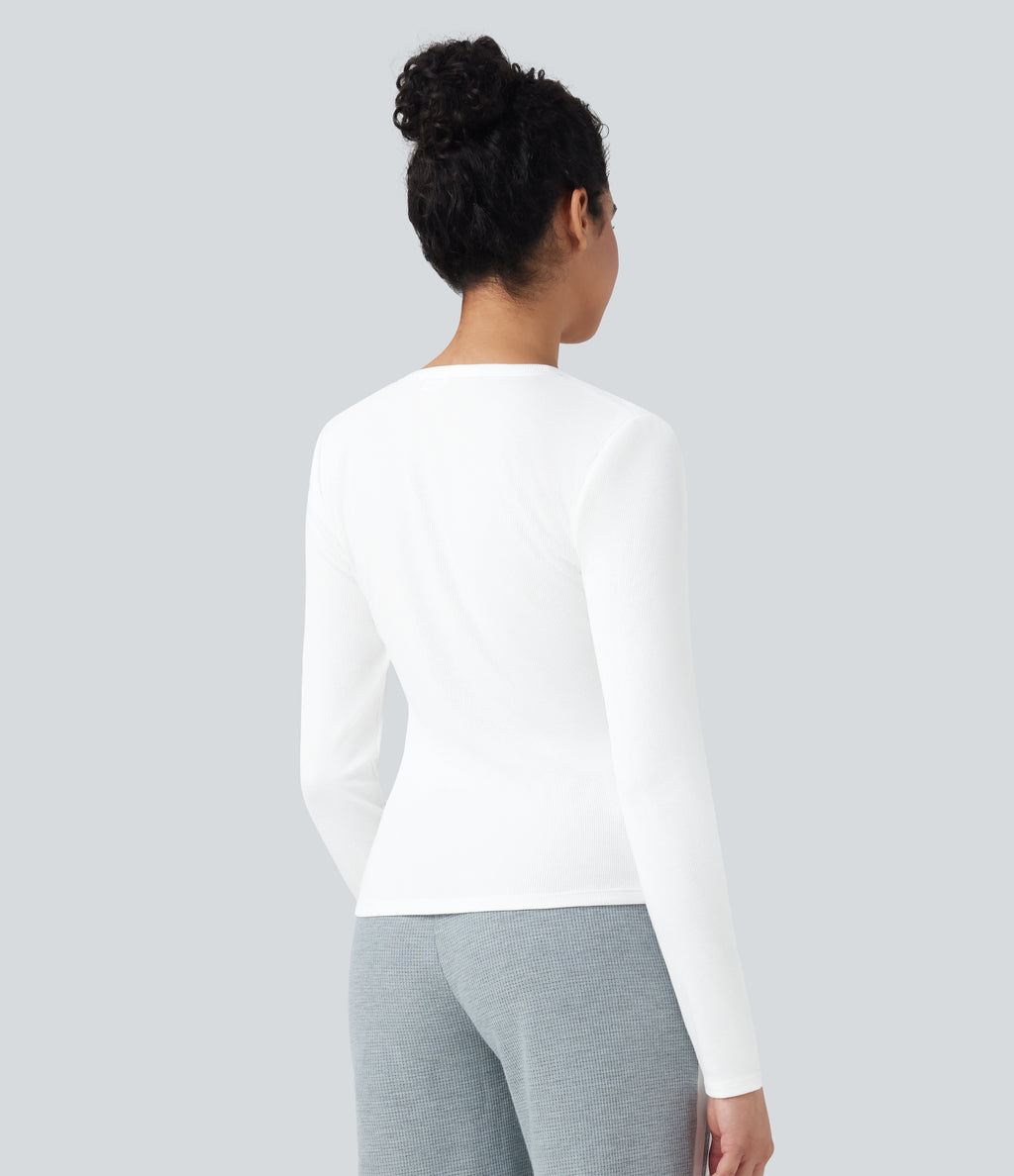 Ribbed Knit Round Neck Long Sleeve Casual Top — White — view 2