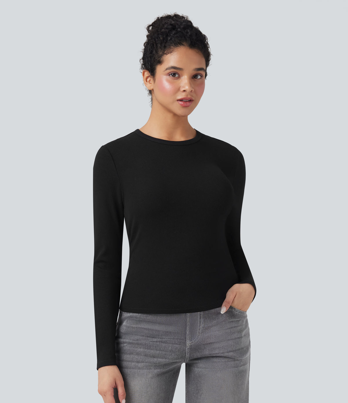 Ribbed Knit Round Neck Long Sleeve Casual Top — Black — view 6