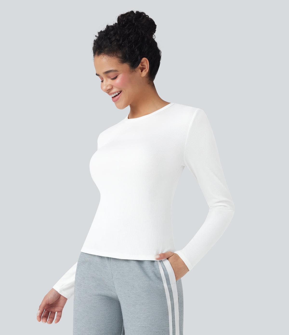 Ribbed Knit Round Neck Long Sleeve Casual Top — White — view 3