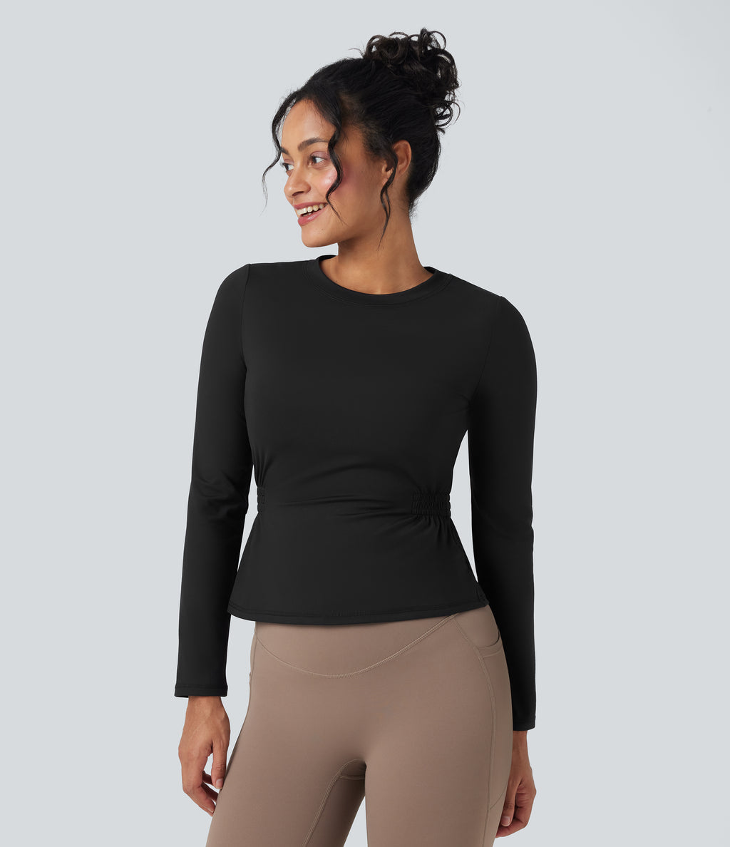 Plush Long Sleeve Ruched Yoga Sports Top — Black — view 3