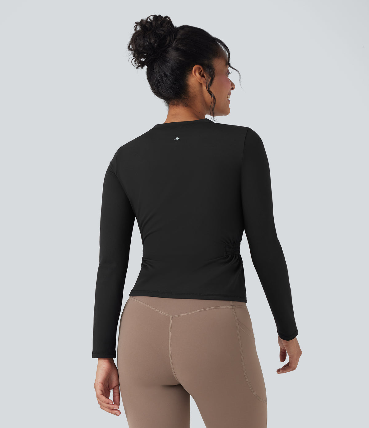 Plush Long Sleeve Ruched Yoga Sports Top — Black — view 2