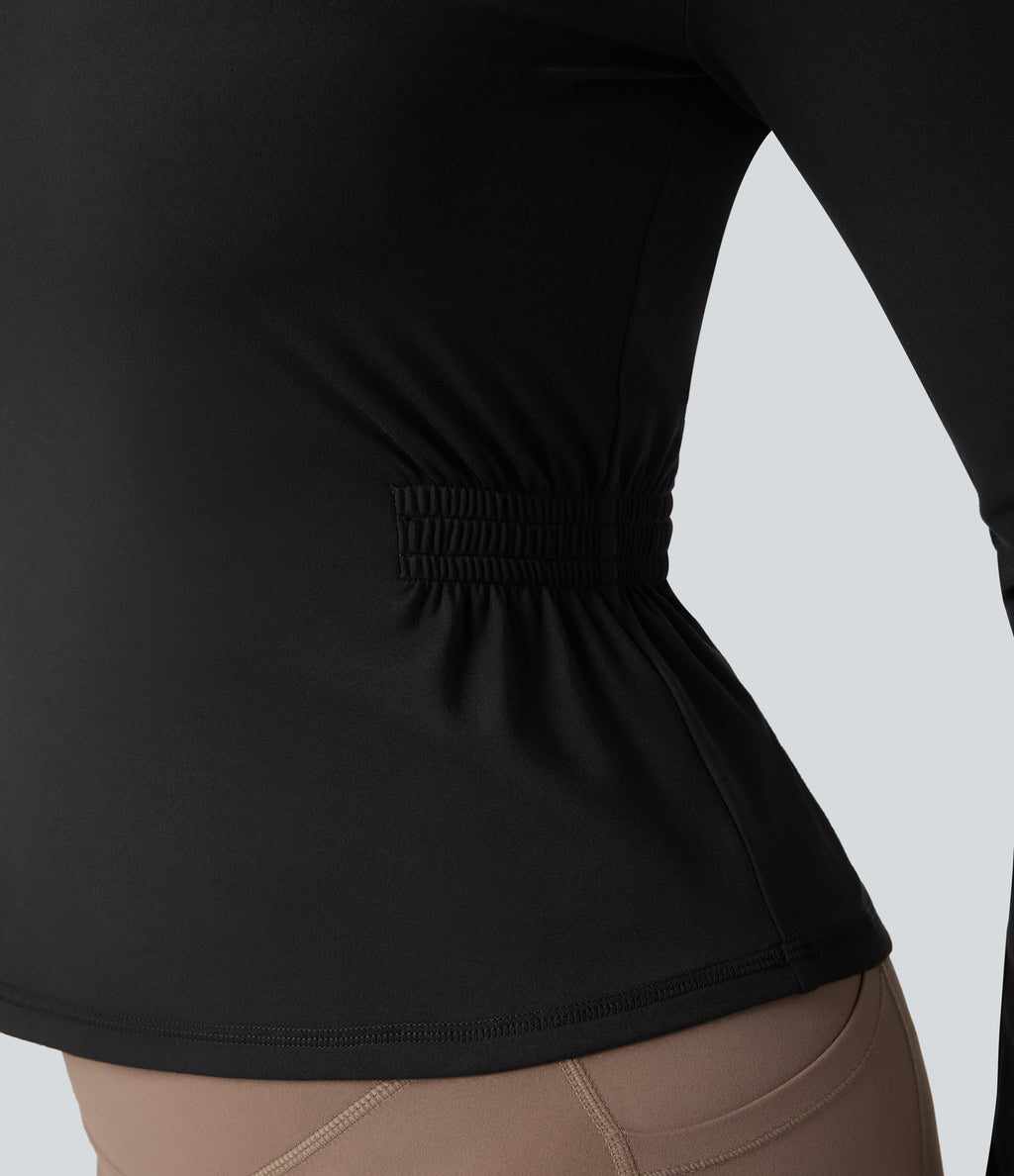 Plush Long Sleeve Ruched Yoga Sports Top — Black — view 4