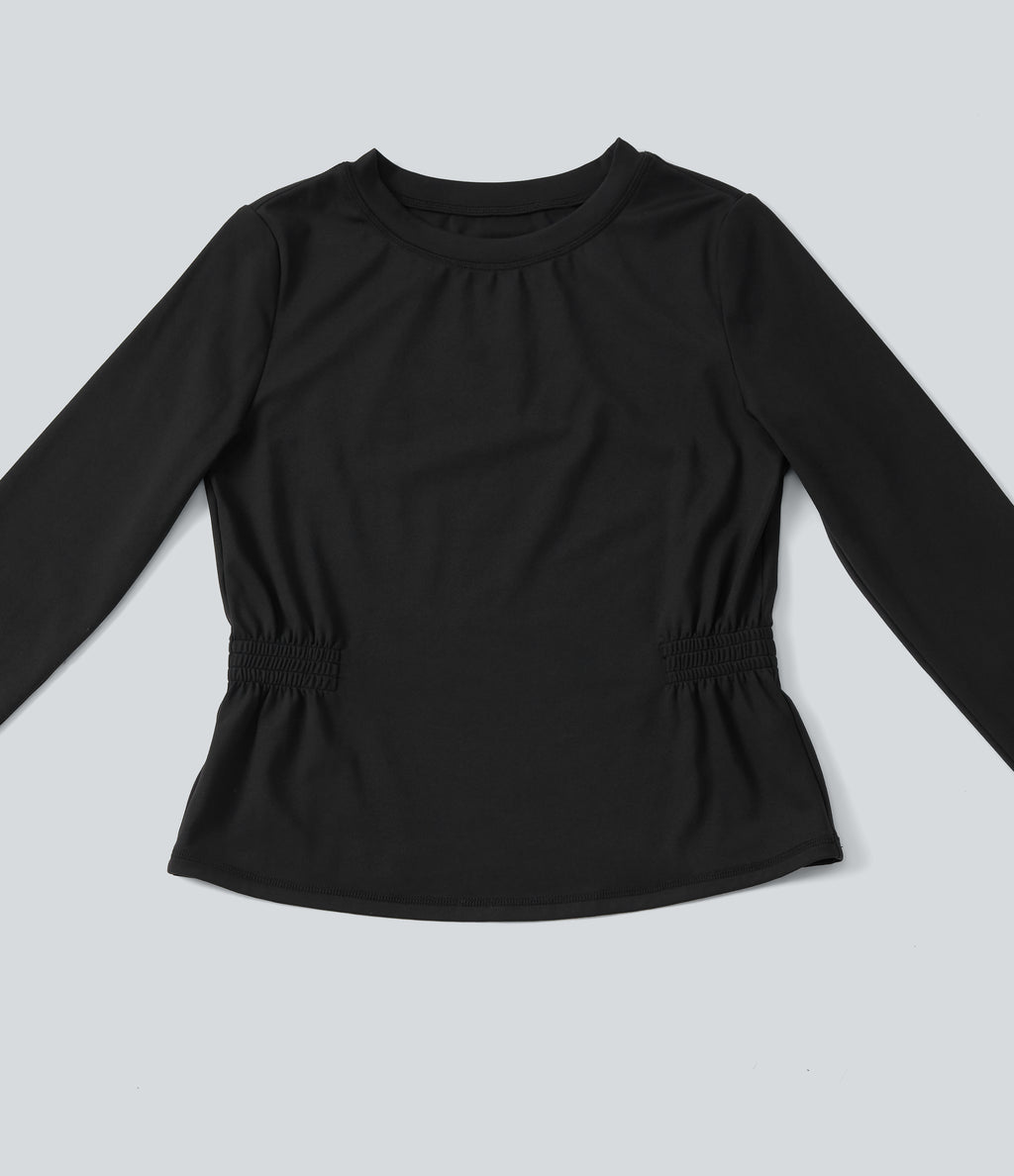 Plush Long Sleeve Ruched Yoga Sports Top — Black — view 7