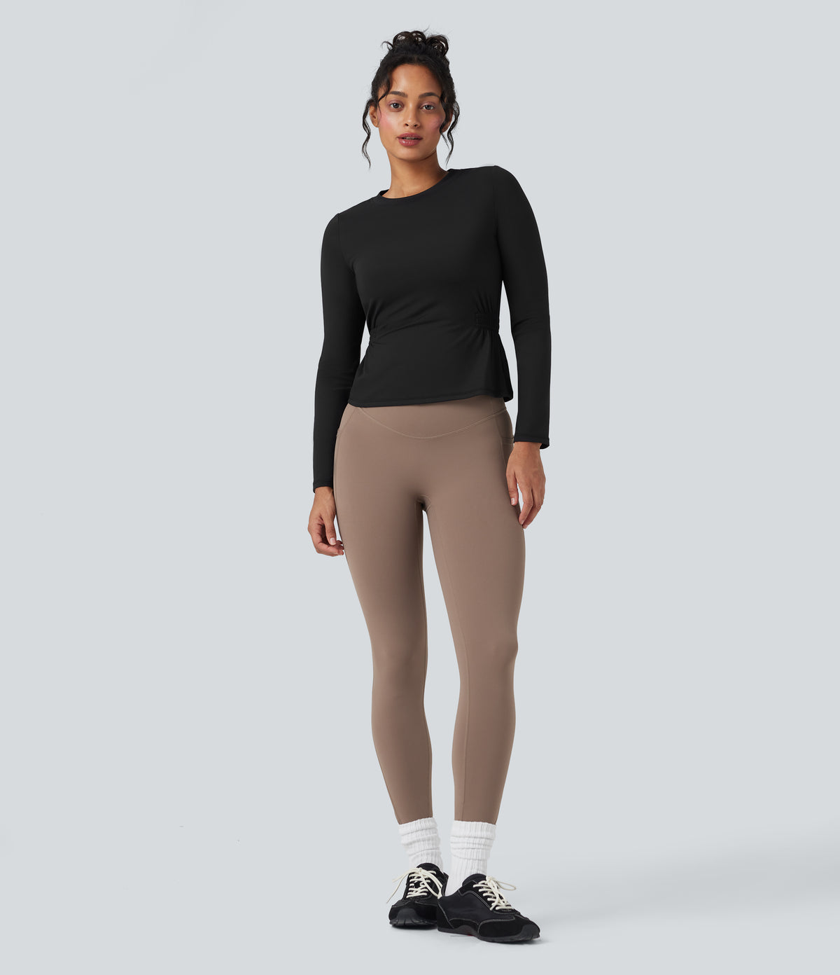 Plush Long Sleeve Ruched Yoga Sports Top — Black — view 6
