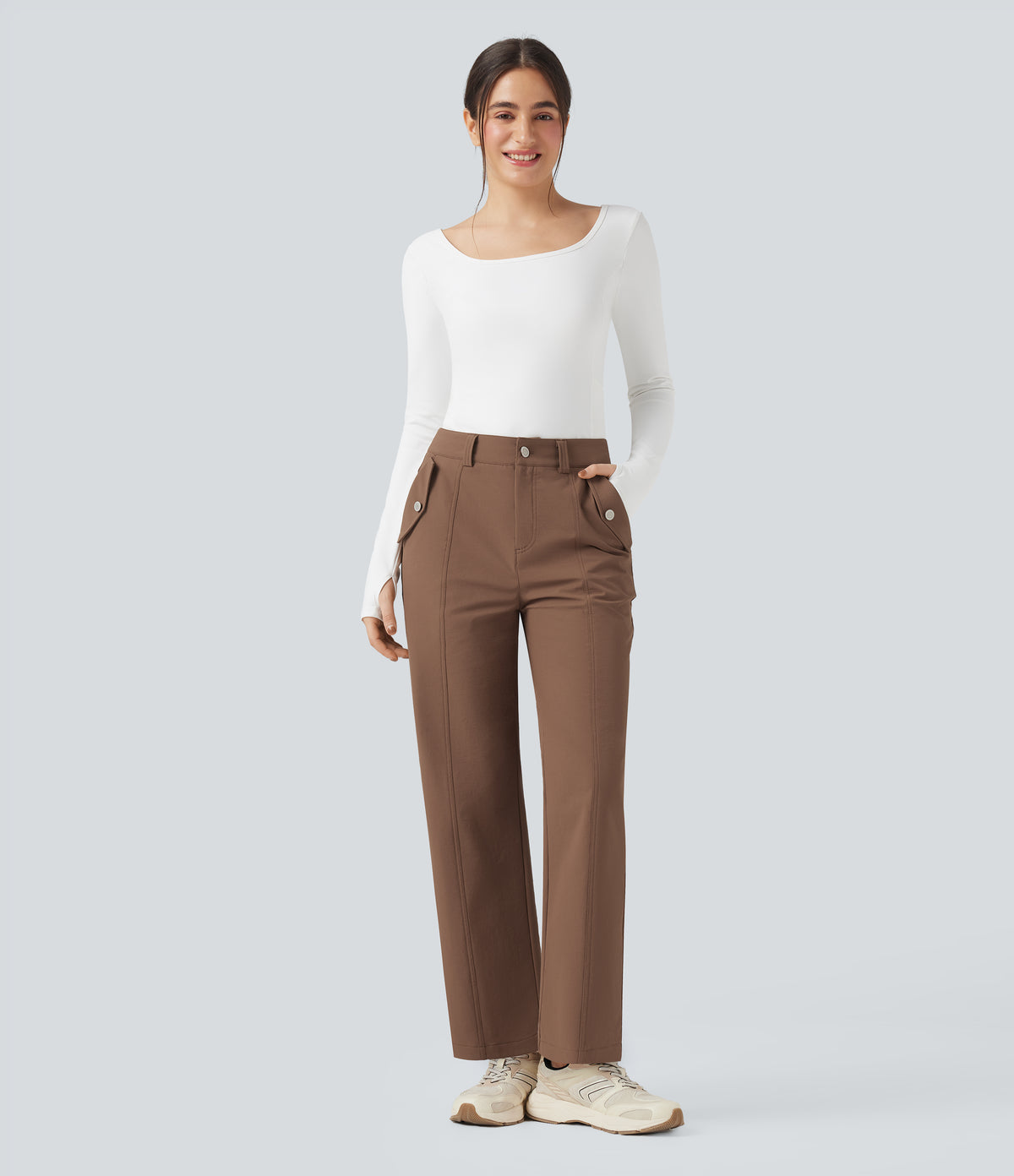 Durable Water Repellent Mid Rise Straight Leg Hiking Trousers with Pockets — Pecan Pie — view 7