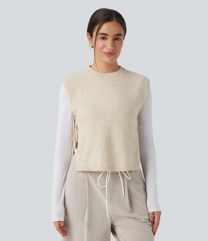 Round Neck Tie Work Jumper Vest — Almond Milk — view 1