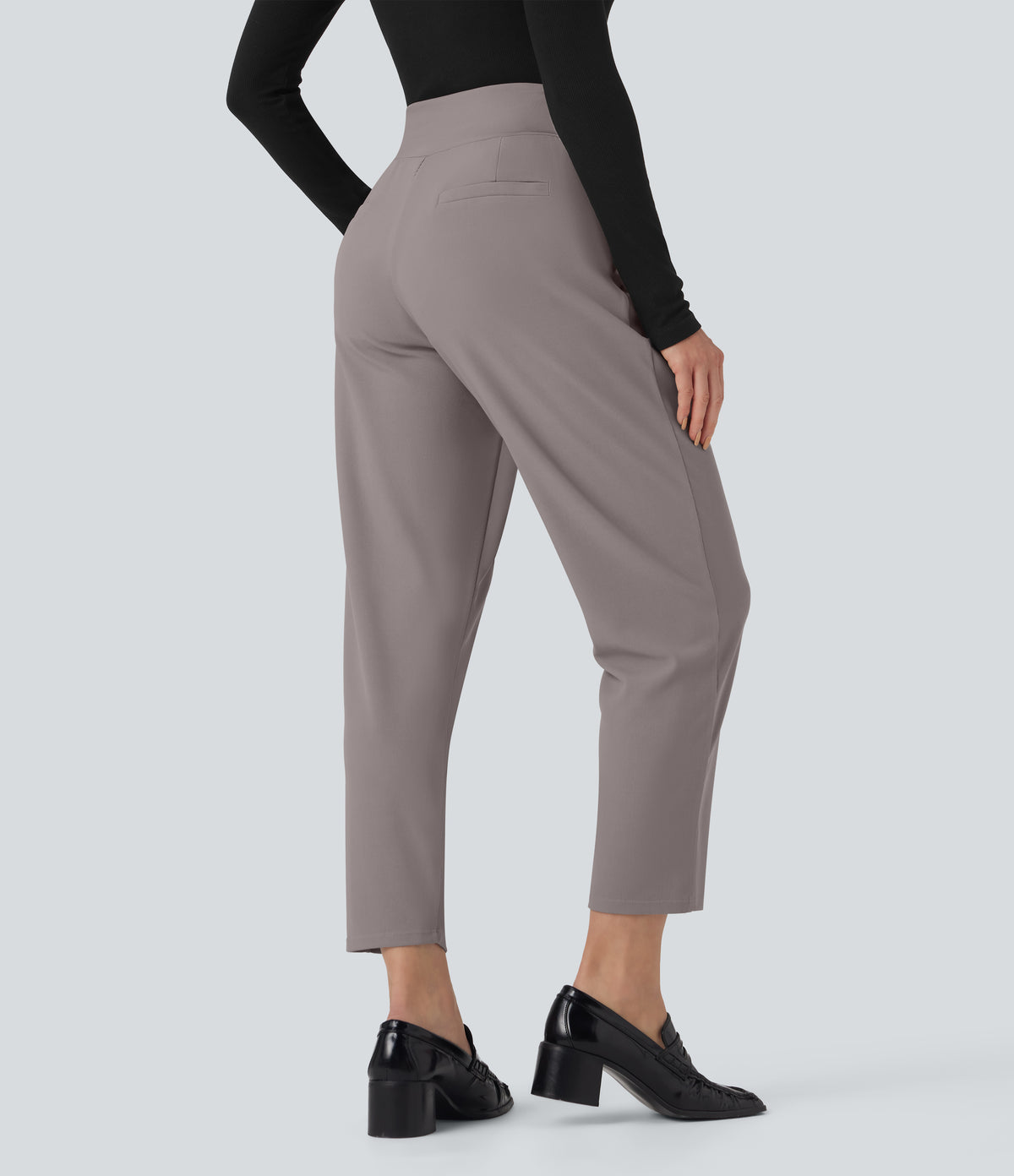 Mid Rise Tummy Control Micro Waffle Work Tapered Trousers with Pockets — Satellite — view 2