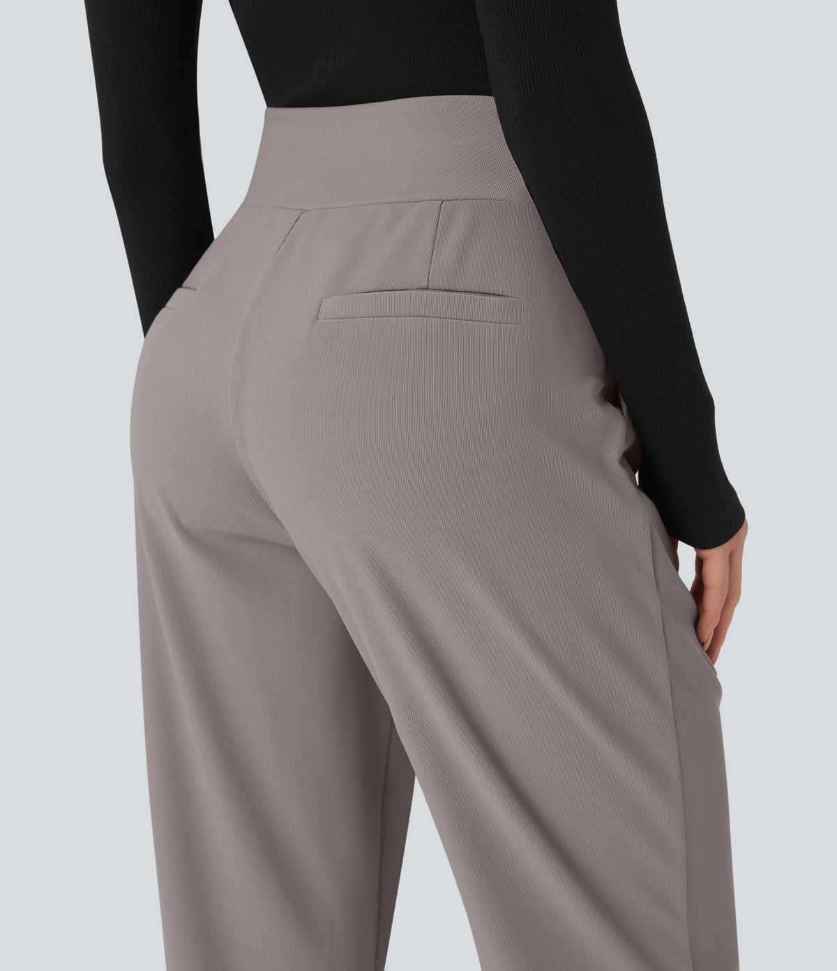 Mid Rise Tummy Control Micro Waffle Work Tapered Trousers with Pockets — Satellite — view 5