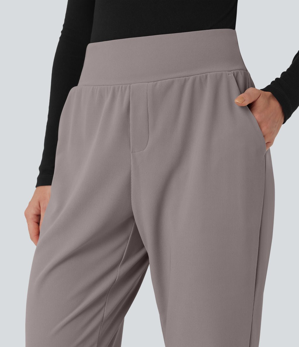 Mid Rise Tummy Control Micro Waffle Work Tapered Trousers with Pockets — Satellite — view 4