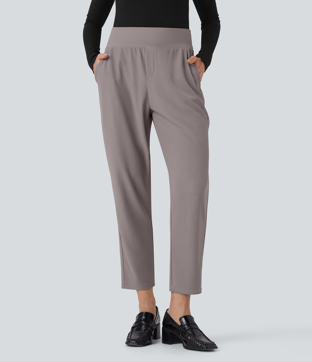 Mid Rise Tummy Control Micro Waffle Work Tapered Trousers with Pockets — Satellite — view 3