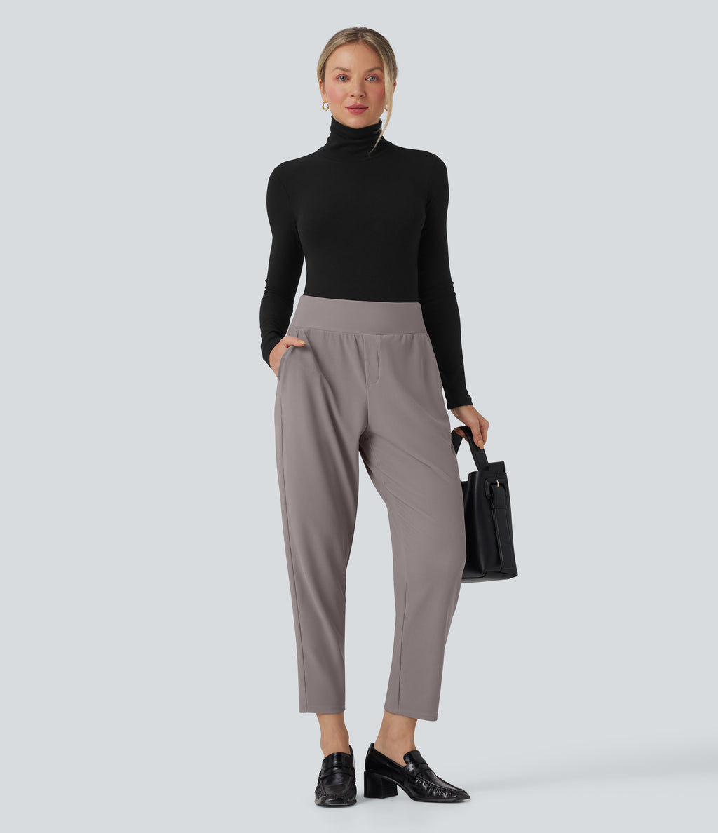 Mid Rise Tummy Control Micro Waffle Work Tapered Trousers with Pockets — Satellite — view 6