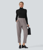 Mid Rise Tummy Control Micro Waffle Work Tapered Trousers with Pockets — Satellite — view 6