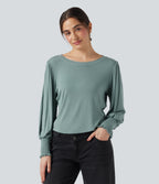 Round Neck Puff Sleeve Casual Top — Morning Dew Green — view 3