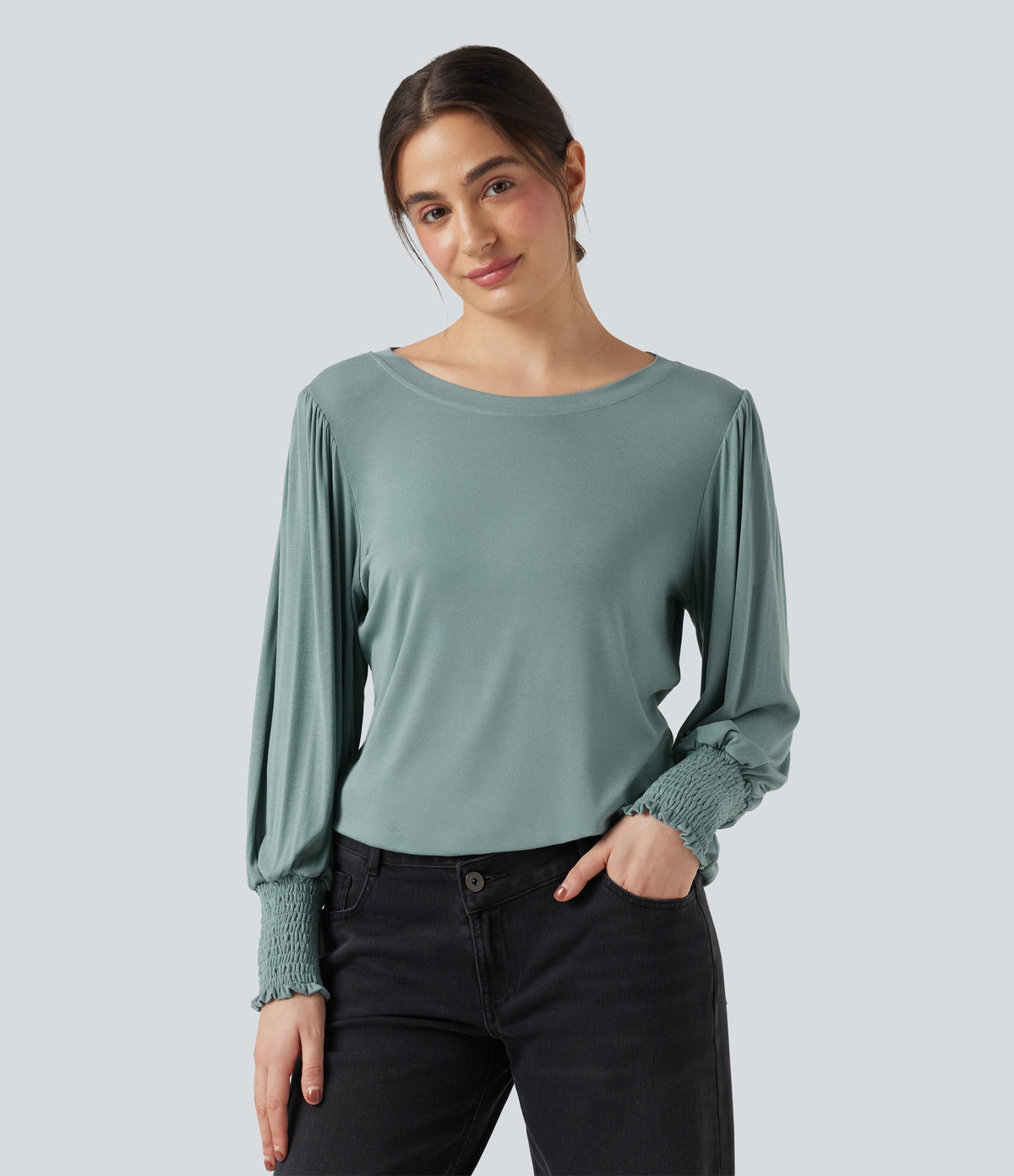 Round Neck Puff Sleeve Casual Top — Morning Dew Green — view 3