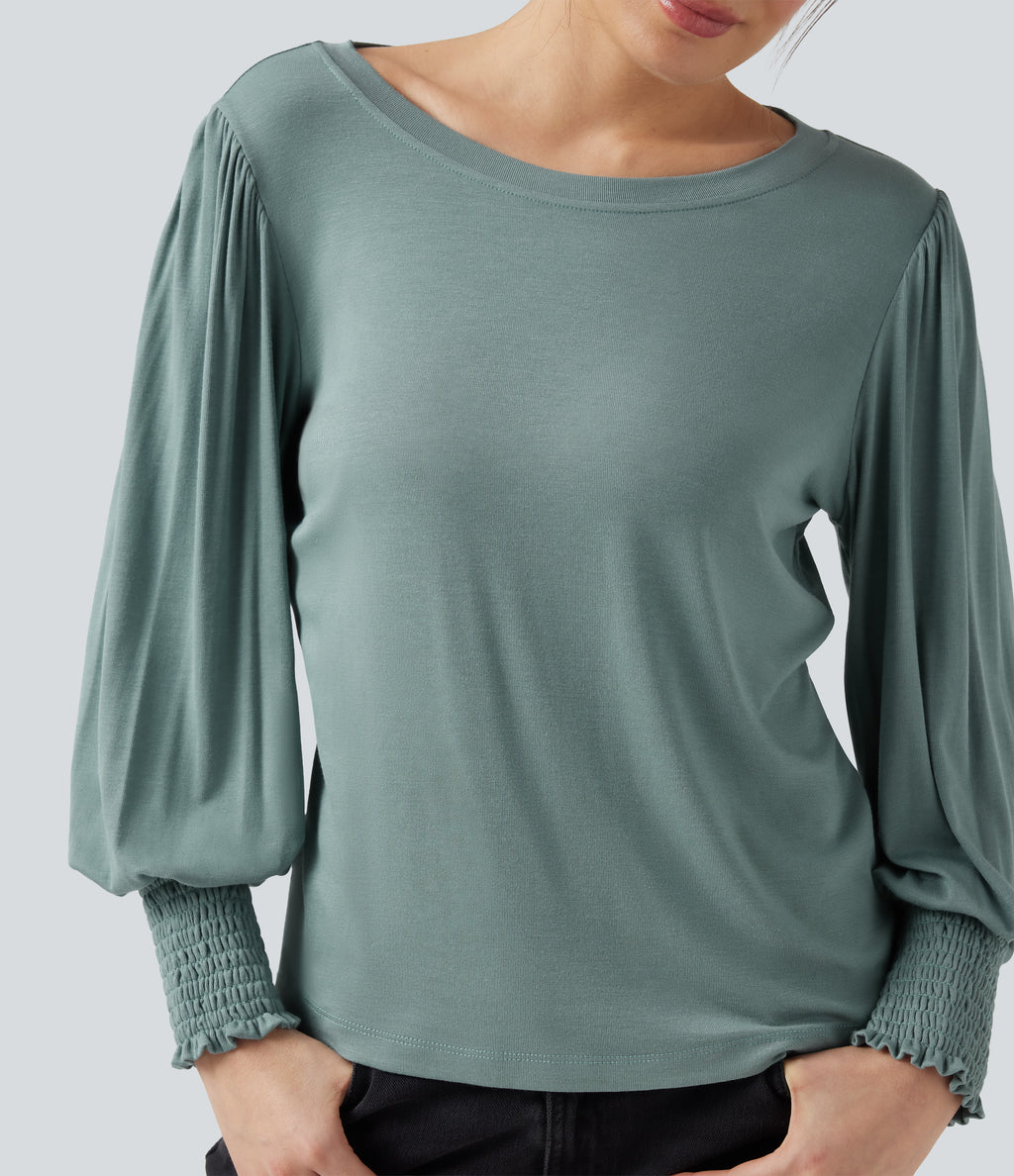 Round Neck Puff Sleeve Casual Top — Morning Dew Green — view 5