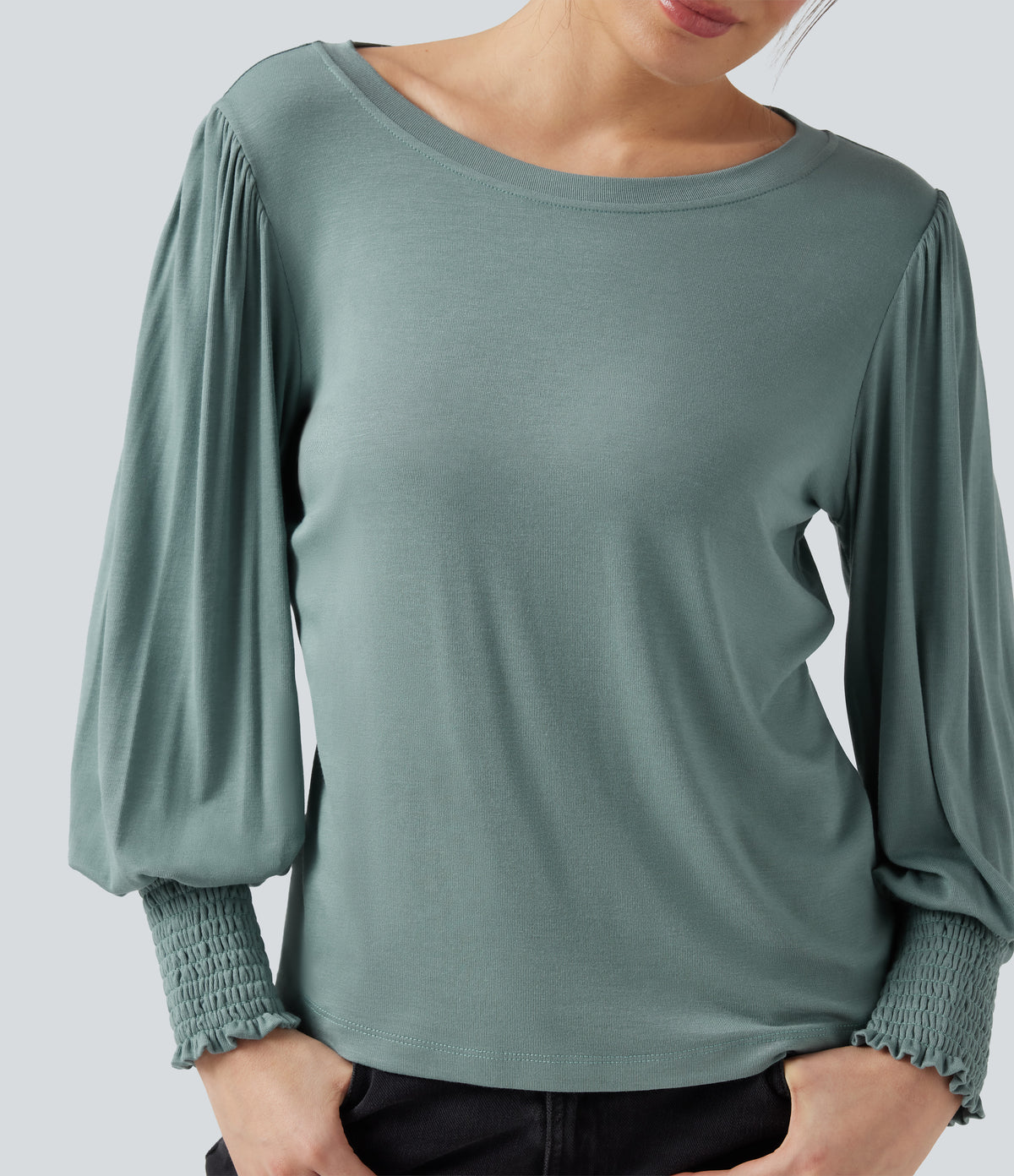 Round Neck Puff Sleeve Casual Top — Morning Dew Green — view 5