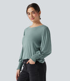 Round Neck Puff Sleeve Casual Top — Morning Dew Green — view 4
