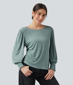 Round Neck Puff Sleeve Casual Top — Morning Dew Green — view 1