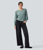 Round Neck Puff Sleeve Casual Top — Morning Dew Green — view 7