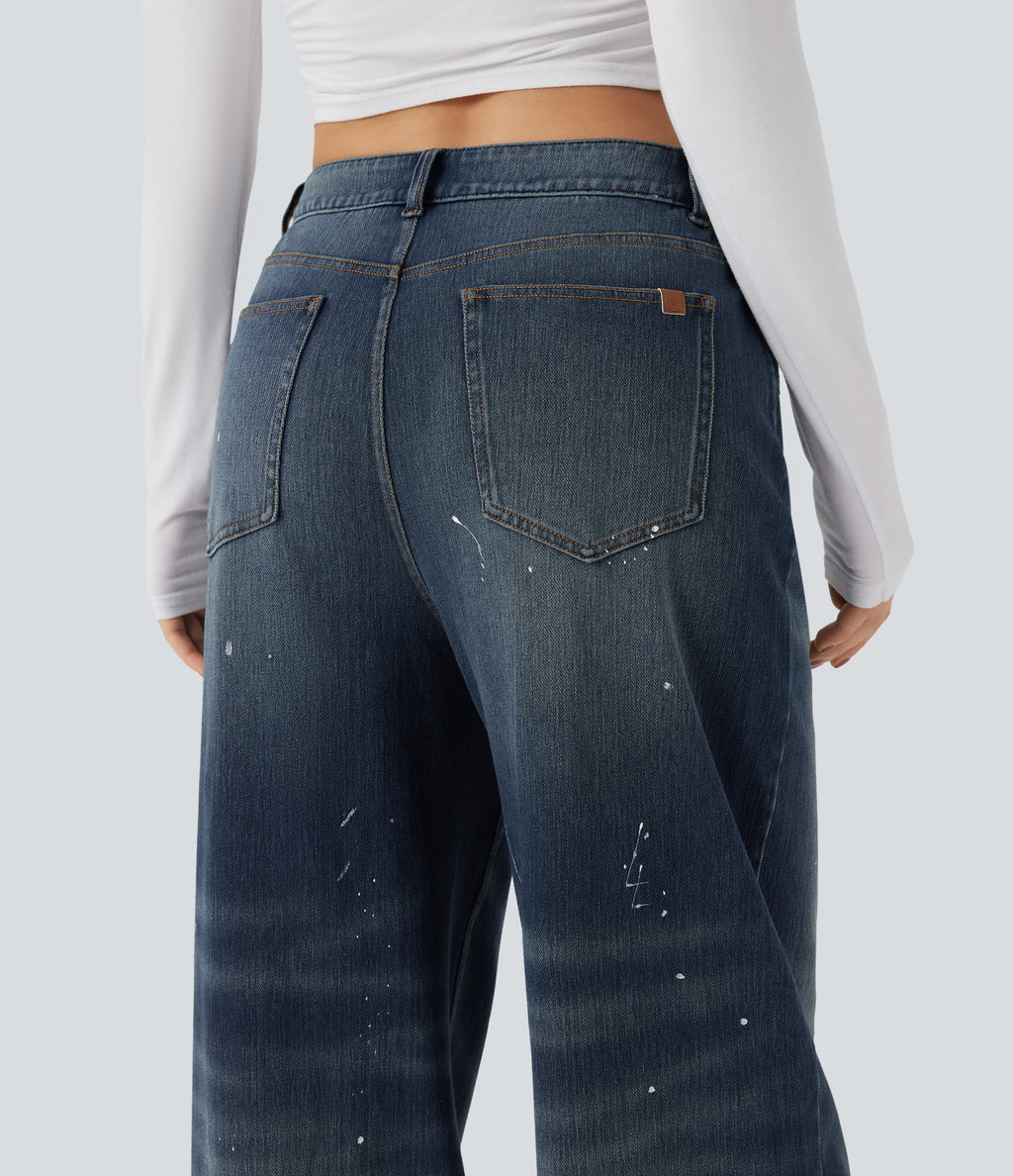 Mid Rise Casual Flowy Jeans with Pockets — Estate Blue Denim — view 5