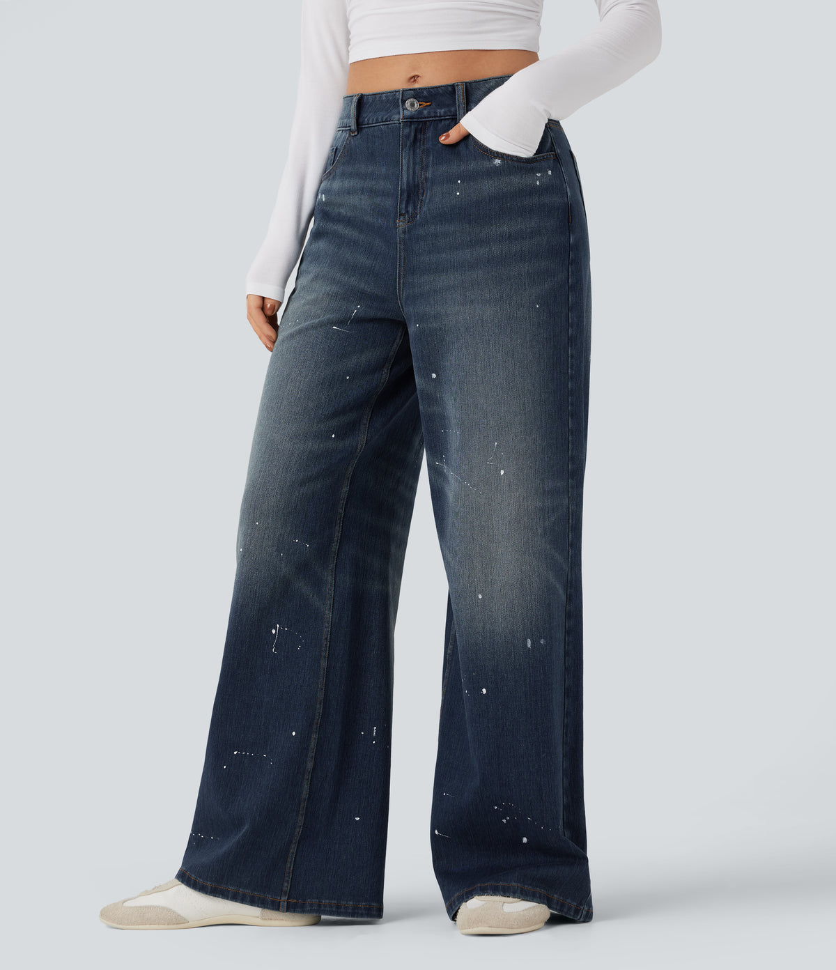Mid Rise Casual Flowy Jeans with Pockets — Estate Blue Denim — view 3