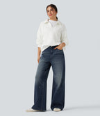 Mid Rise Casual Flowy Jeans with Pockets — Estate Blue Denim — view 6