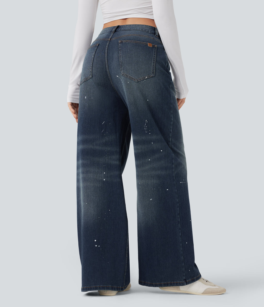 Mid Rise Casual Flowy Jeans with Pockets — Estate Blue Denim — view 2