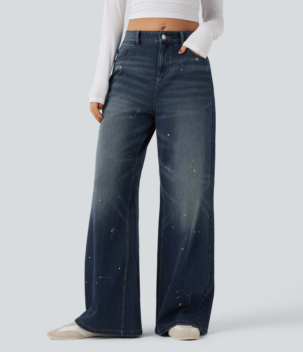 Mid Rise Casual Flowy Jeans with Pockets — Estate Blue Denim — view 1