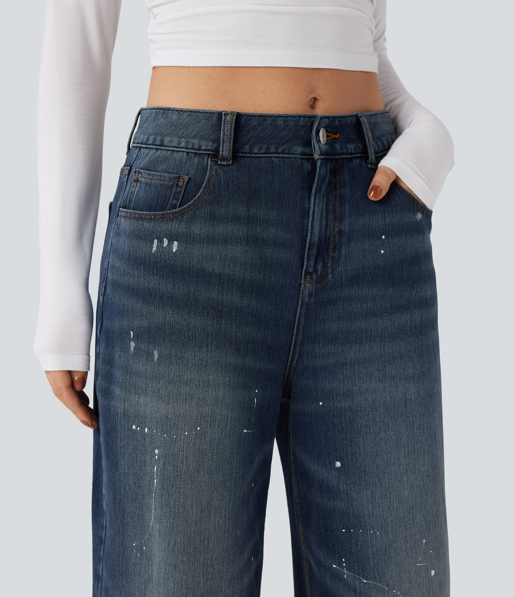 Mid Rise Casual Flowy Jeans with Pockets — Estate Blue Denim — view 4