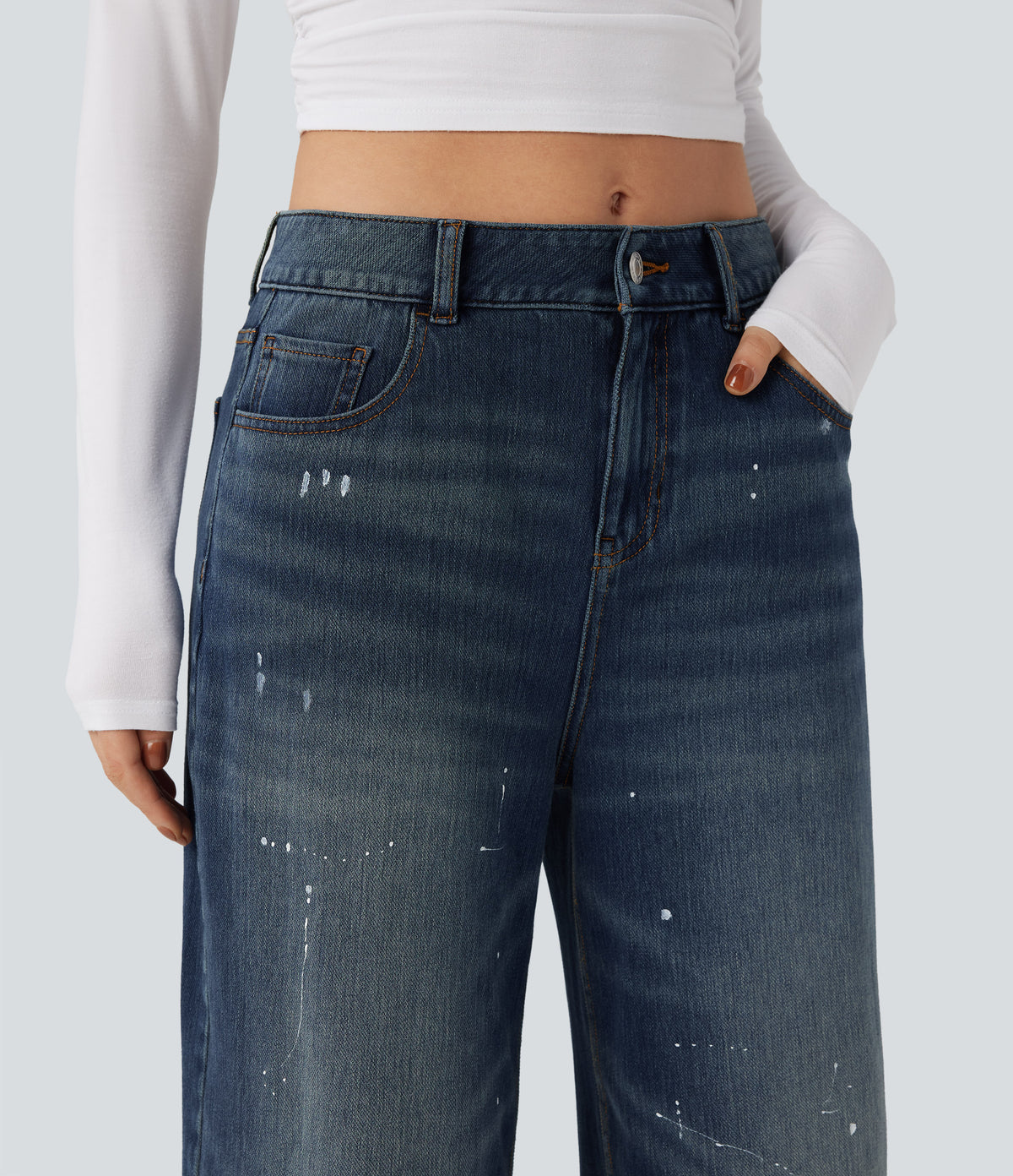 Mid Rise Casual Flowy Jeans with Pockets — Estate Blue Denim — view 4