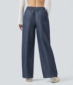 Wrinkle-Resistant High Waisted Drawstring Wide Leg Denim Like Casual Linen-Feel Trousers with Pockets — Slate Indigo — view 2
