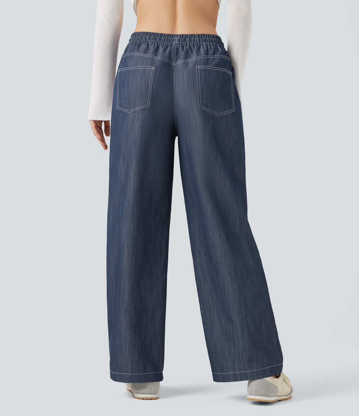 Wrinkle-Resistant High Waisted Drawstring Wide Leg Denim Like Casual Linen-Feel Trousers with Pockets — Slate Indigo — view 2