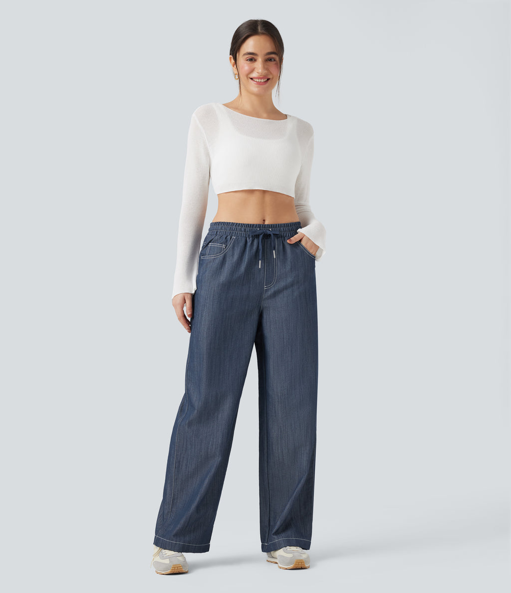 Wrinkle-Resistant High Waisted Drawstring Wide Leg Denim Like Casual Linen-Feel Trousers with Pockets — Slate Indigo — view 6