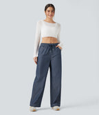 Wrinkle-Resistant High Waisted Drawstring Wide Leg Denim Like Casual Linen-Feel Trousers with Pockets — Slate Indigo — view 6