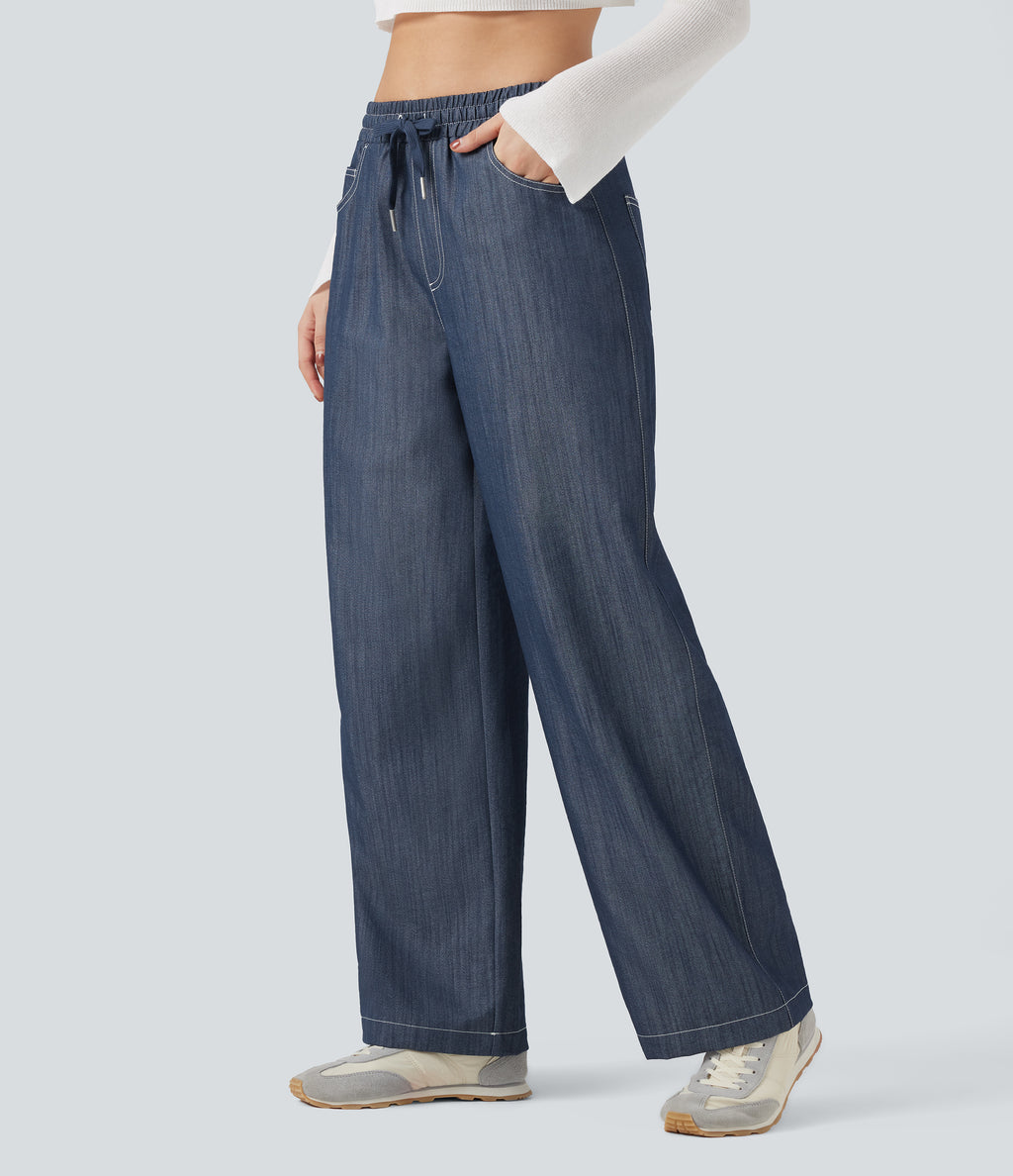 Wrinkle-Resistant High Waisted Drawstring Wide Leg Denim Like Casual Linen-Feel Trousers with Pockets — Slate Indigo — view 3