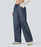 Wrinkle-Resistant High Waisted Drawstring Wide Leg Denim Like Casual Linen-Feel Trousers with Pockets — Slate Indigo — view 3