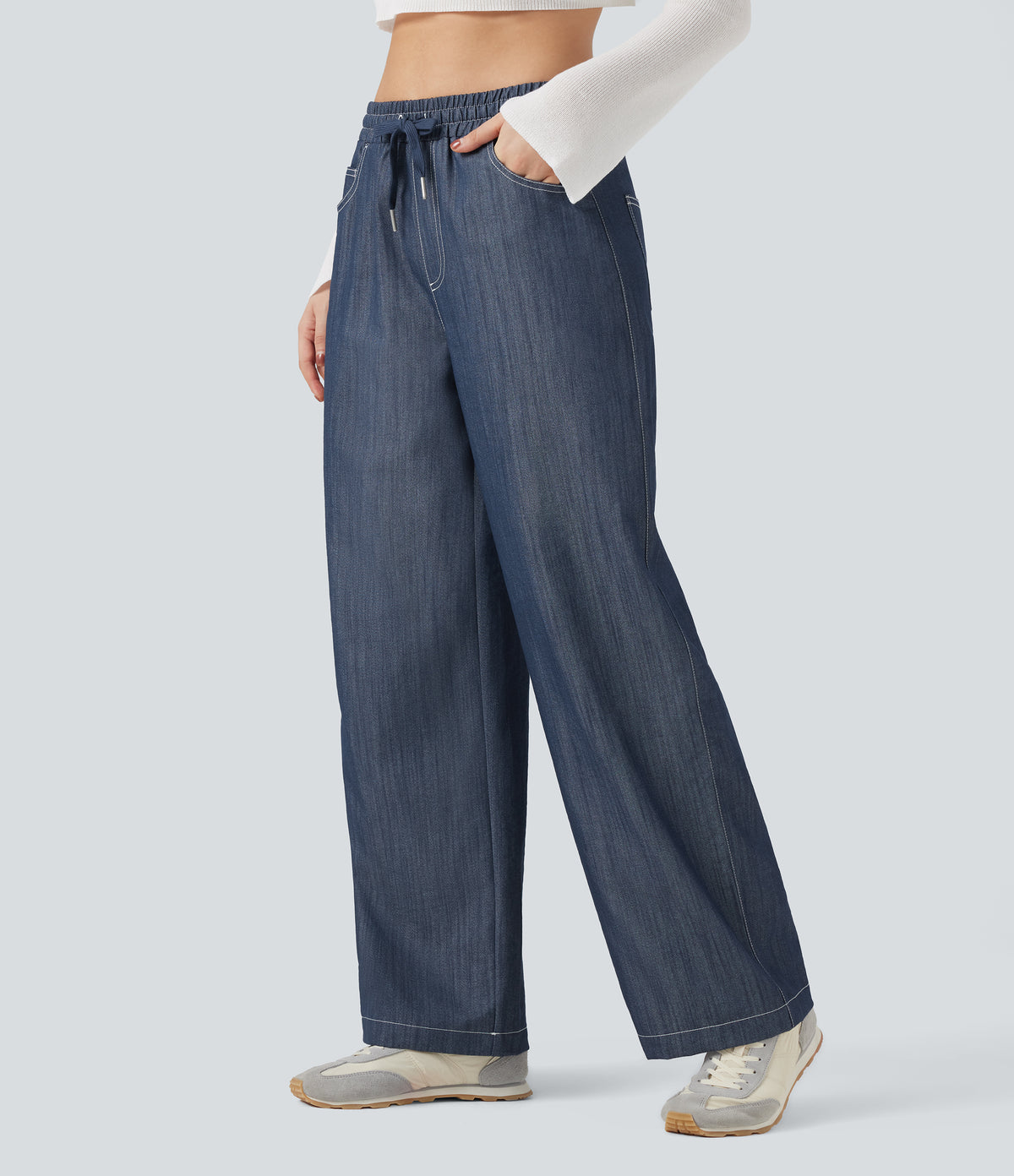 Wrinkle-Resistant High Waisted Drawstring Wide Leg Denim Like Casual Linen-Feel Trousers with Pockets — Slate Indigo — view 3