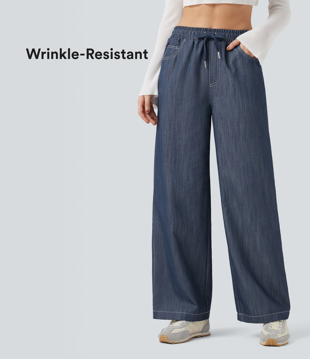 Wrinkle-Resistant High Waisted Drawstring Wide Leg Denim Like Casual Linen-Feel Trousers with Pockets — Slate Indigo — view 1