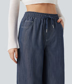 Wrinkle-Resistant High Waisted Drawstring Wide Leg Denim Like Casual Linen-Feel Trousers with Pockets — Slate Indigo — view 4