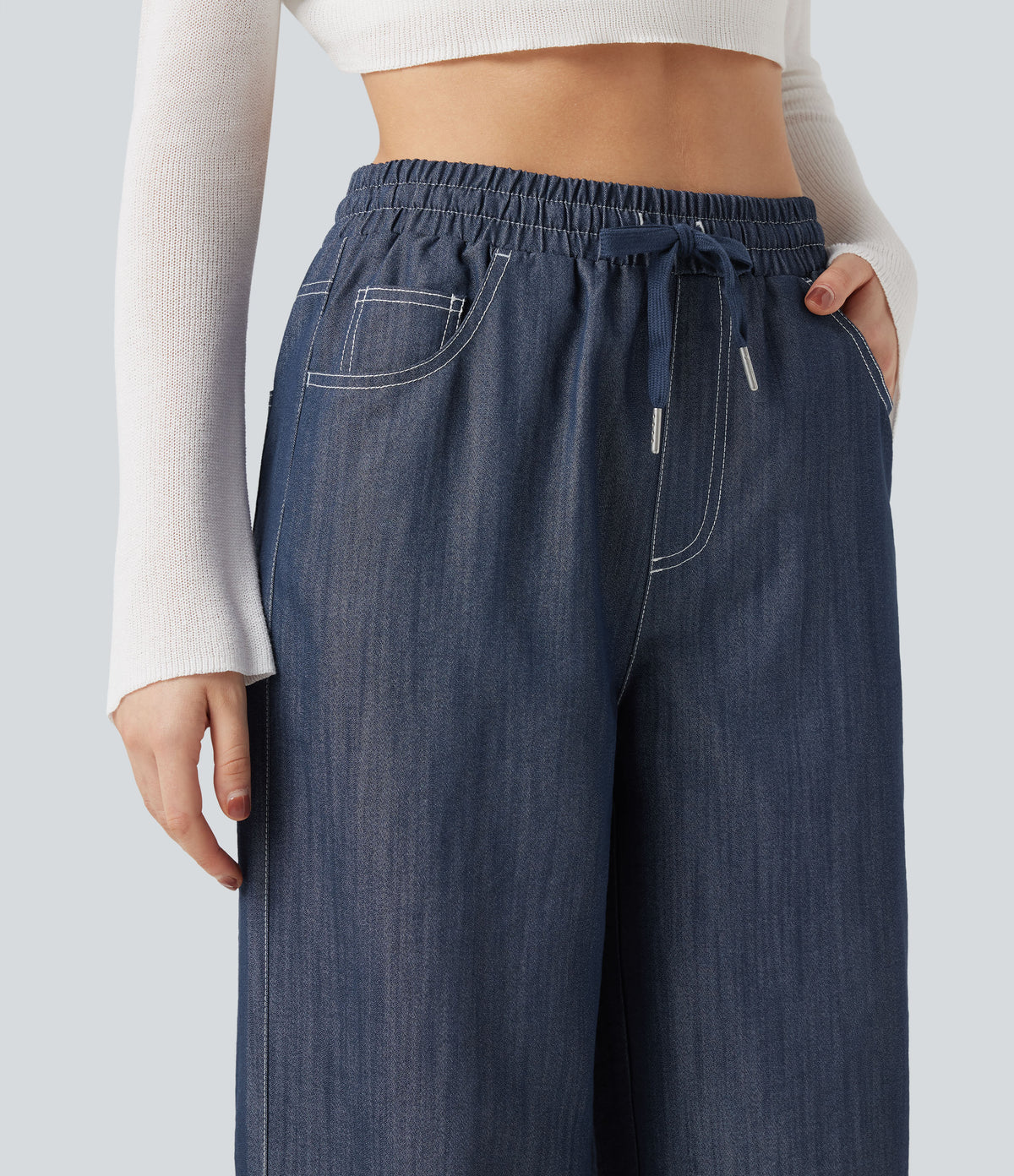 Wrinkle-Resistant High Waisted Drawstring Wide Leg Denim Like Casual Linen-Feel Trousers with Pockets — Slate Indigo — view 4