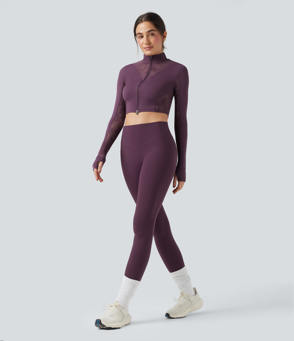 Thumb Holes Contrast Lace Double Zipper Yoga Jacket — Dusky Evening purple — view 7
