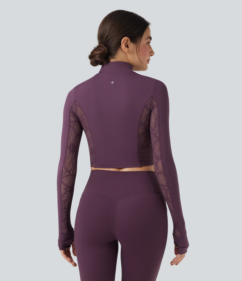Thumb Holes Contrast Lace Double Zipper Yoga Jacket — Dusky Evening purple — view 2