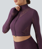Thumb Holes Contrast Lace Double Zipper Yoga Jacket — Dusky Evening purple — view 4