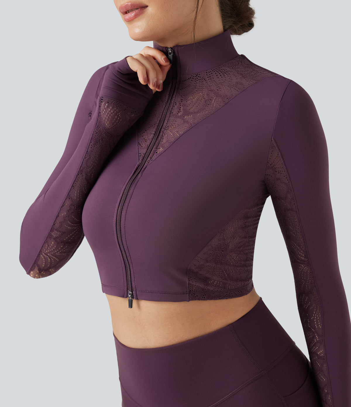 Thumb Holes Contrast Lace Double Zipper Yoga Jacket — Dusky Evening purple — view 4