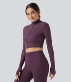 Thumb Holes Contrast Lace Double Zipper Yoga Jacket — Dusky Evening purple — view 3