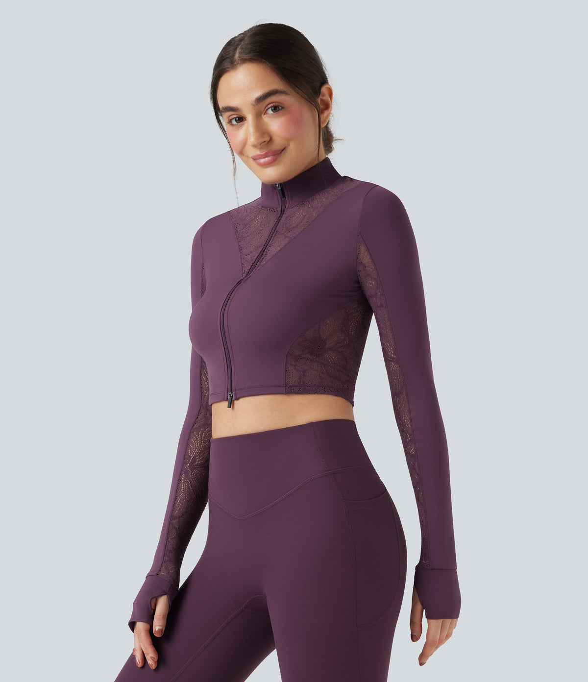 Thumb Holes Contrast Lace Double Zipper Yoga Jacket — Dusky Evening purple — view 3