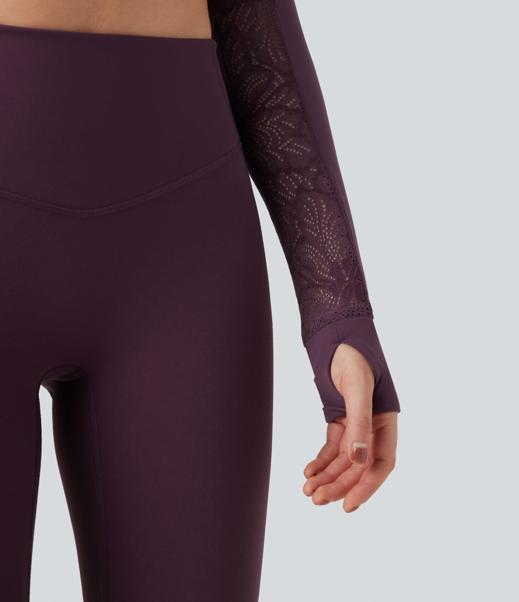 Thumb Holes Contrast Lace Double Zipper Yoga Jacket — Dusky Evening purple — view 6